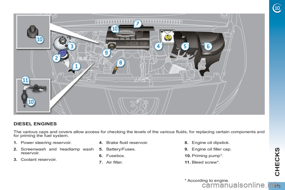 PEUGEOT 5008 2012  Owners Manual CHECKS
175
DIESEL ENGINES 
  The various caps and covers allow access for checking the levels of the various ﬂ uids, for replacing certain components and 
for priming the fuel system. 
   
 
1. 
  P