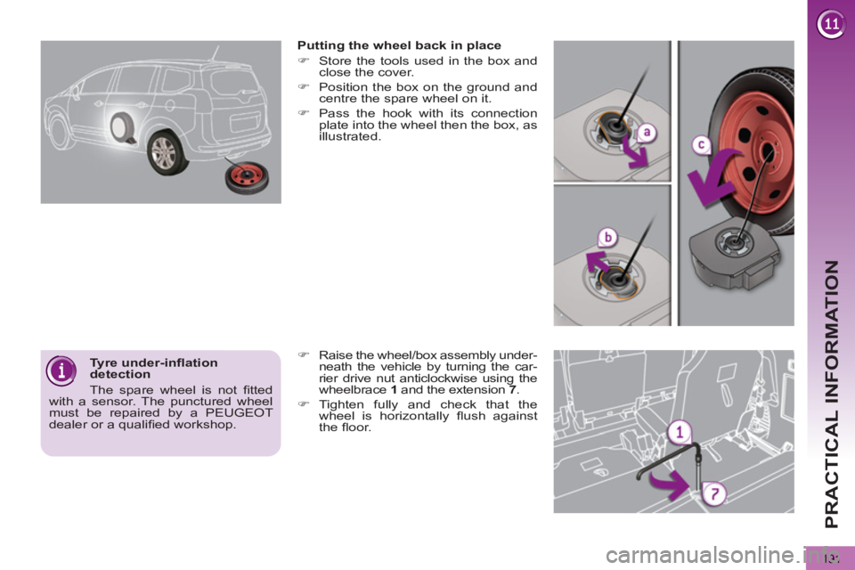 PEUGEOT 5008 2012 Owners Manual PRACTICAL INFORMATION
191
Tyre under-infl ation
detection
The spare wheel is not fi tted
with a sensor. The punctured wheel
must be repaired by a PEUGEOT
dealer or a qualifi ed workshop. PEUGEOT 5008 2012 Owners Manual PRACTICAL INFORMATION
191
Tyre under-infl ation
detection
The spare wheel is not fi tted
with a sensor. The punctured wheel
must be repaired by a PEUGEOT
dealer or a qualifi ed workshop.