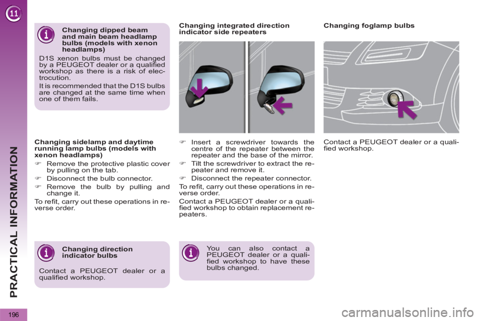 PEUGEOT 5008 2012  Owners Manual PRACTICAL INFORMATION
196
   
Changing sidelamp and daytime 
running lamp bulbs (models with 
xenon headlamps) 
   
 
�) 
  Remove the protective plastic cover 
by pulling on the tab. 
   
�) 
  Disco