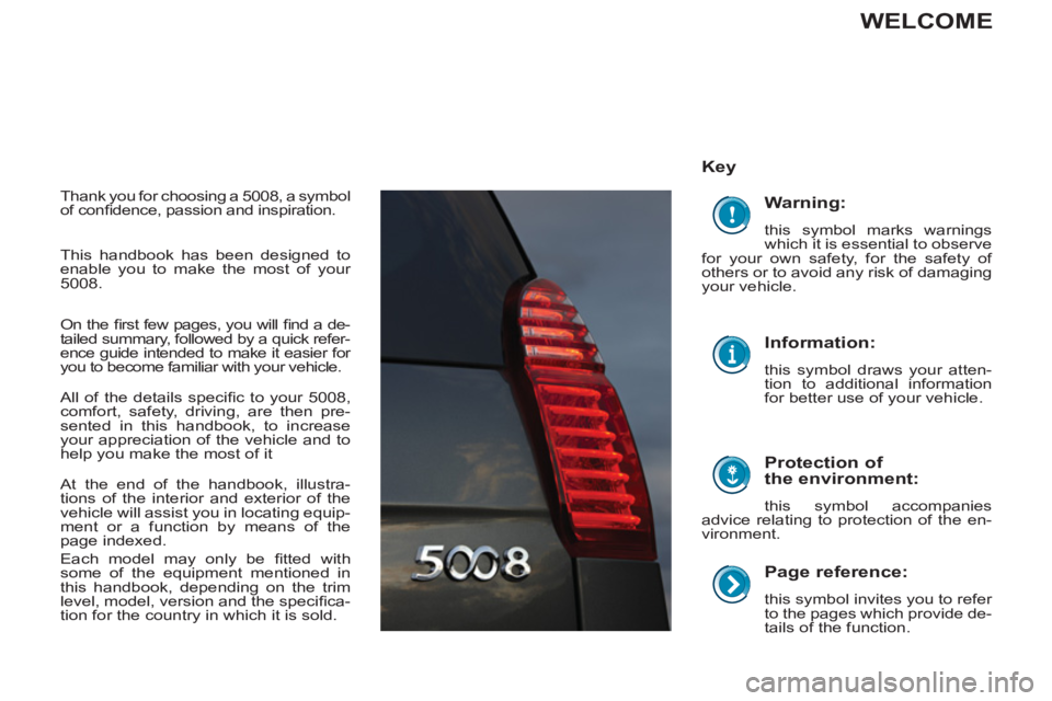 PEUGEOT 5008 2012  Owners Manual    
Page reference: 
 
this symbol invites you to  refer 
to the pages which provide de-
tails of the function.  
 
 
Key  
   
Protection of 
the environment: 
  this symbol accompanies 
  advice rel