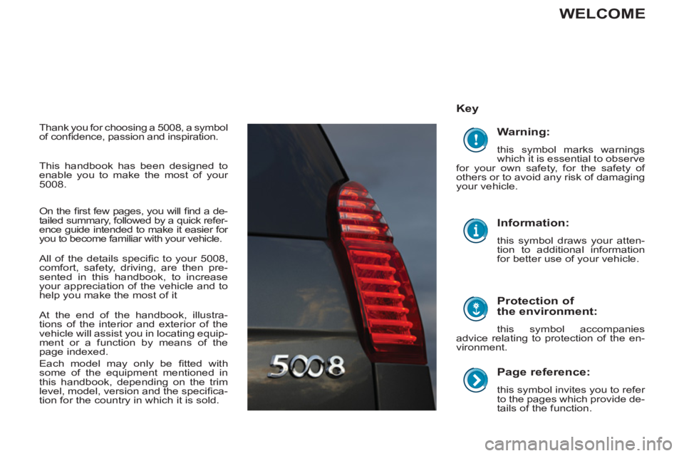 PEUGEOT 5008 2012  Owners Manual    
Page reference: 
 
this symbol invites you to  refer 
to the pages which provide de-
tails of the function.  
 
 
Key  
   
Protection of 
the environment: 
  this symbol accompanies 
  advice rel