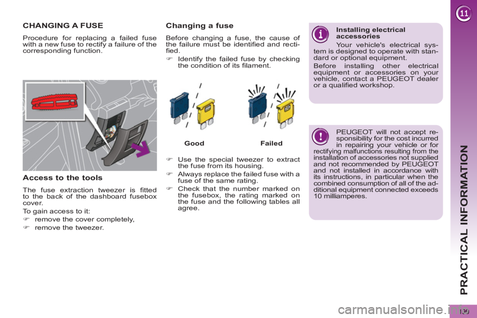 PEUGEOT 5008 2012  Owners Manual PRACTICAL INFORMATION
199
  PEUGEOT will not accept re-
sponsibility for the cost incurred 
in repairing your vehicle or for 
rectifying malfunctions resulting from the installation of accessories not
