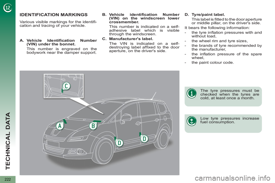 PEUGEOT 5008 2012 Owners Manual TECHNICAL DATA
222
IDENTIFICATION MARKINGS
Various visible markings for the identifi -
cation and tracing of your vehicle.
Low tyre pressures increase
fuel consumption.
The tyre pres PEUGEOT 5008 2012 Owners Manual TECHNICAL DATA
222
IDENTIFICATION MARKINGS
Various visible markings for the identifi -
cation and tracing of your vehicle.
Low tyre pressures increase
fuel consumption.
The tyre pres
