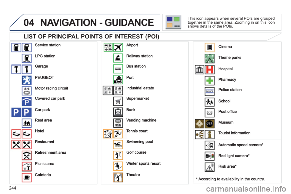 PEUGEOT 5008 2012 Owners Manual 244
04NAVIGATION - GUIDANCE
LIST OF PRINCIPAL POINTS OF INTEREST (POI)
This icon appears when several POIs are grouped
together in the same area. Zooming in on this icon
shows details of the P PEUGEOT 5008 2012 Owners Manual 244
04NAVIGATION - GUIDANCE
LIST OF PRINCIPAL POINTS OF INTEREST (POI)
This icon appears when several POIs are grouped
together in the same area. Zooming in on this icon
shows details of the P