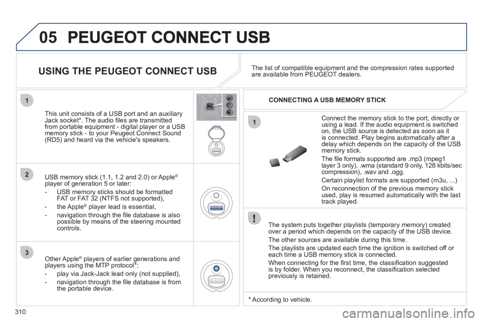 PEUGEOT 5008 2012  Owners Manual 310
05
1
1
2
3
   
The system puts together playlists (temporary memory) createdover a period which depends on the capacity of the USB device. 
  The other sources are available durin
g this time.
  T