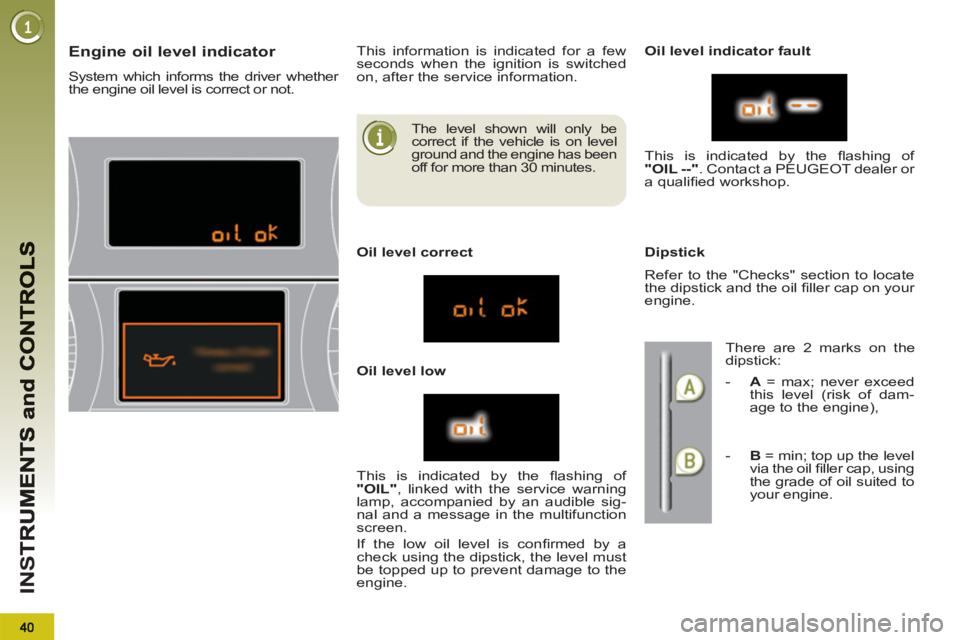 PEUGEOT 5008 2012  Owners Manual IN
S
   
The level shown will only be 
correct if the vehicle is on level 
ground and the engine has been 
off for more than 30 minutes. 
Engine oil level indicator 
  System which informs the driver 