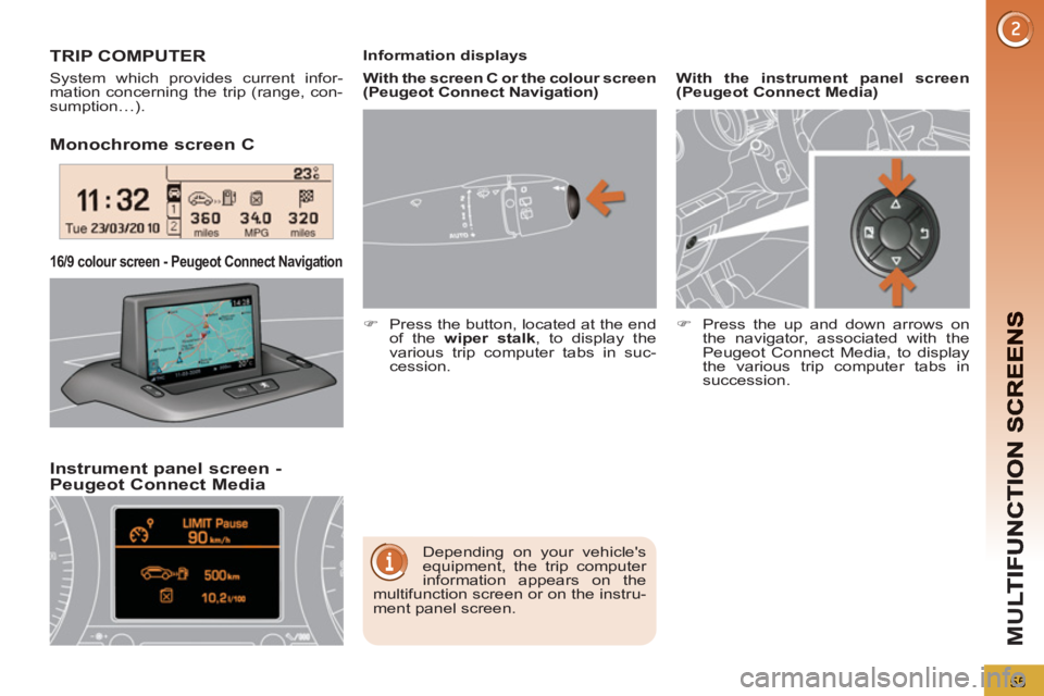 PEUGEOT 5008 2012 Workshop Manual M
U
55
Monochrome screen C  
Instrument 
panel screen - Peugeot Connect Media 
16/9 colour screen - Peugeot Connect Navigation
TRIP COMPUTER
  System which provides current infor-
mation concerning th