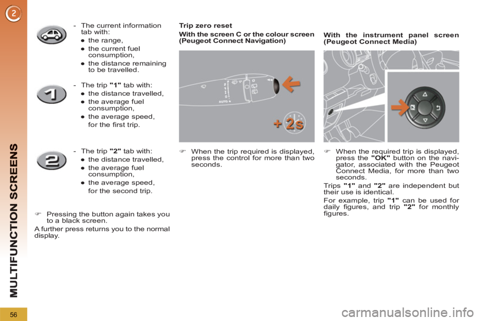 PEUGEOT 5008 2012 Workshop Manual 56
   
Trip zero reset 
   
With the screen C or the colour screen 
(Peugeot Connect Navigation)   
   
 
�) 
  When the trip required is displayed, 
press the control for more than two 
seconds.     