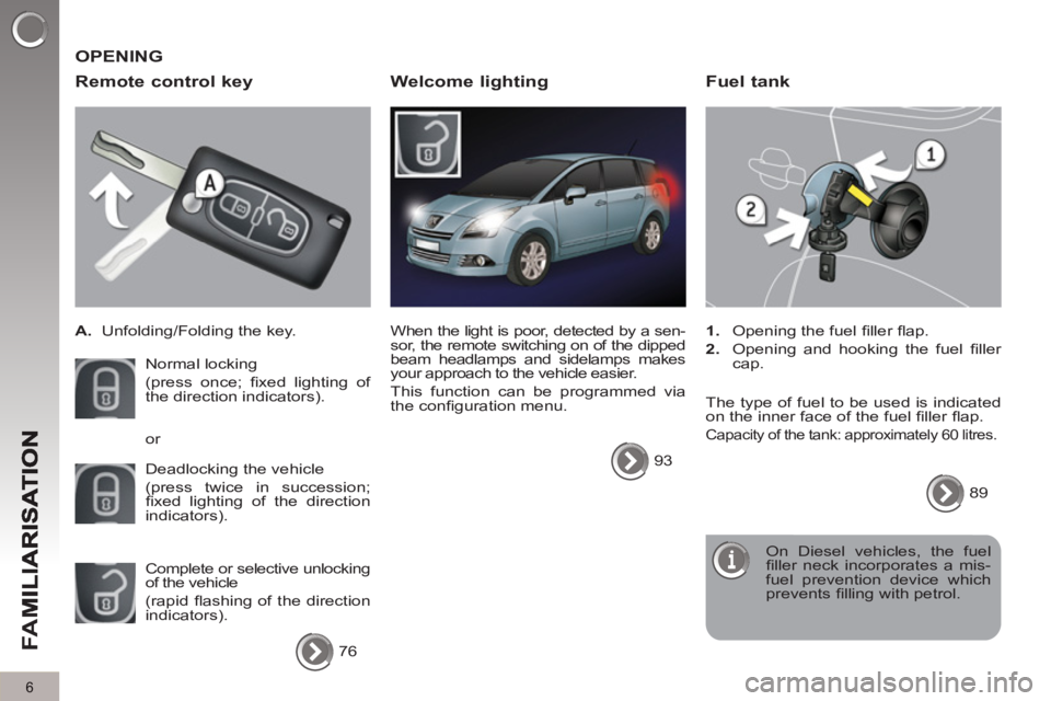 PEUGEOT 5008 2012  Owners Manual FA
M
6
  OPENING 
   
Remote control ke
y
 
 
 
A. 
  Unfolding/Folding the key.  
  Normal locking  
(press once; ﬁ xed lighting of 
the direction indicators). 
  Deadlocking the vehicle  
(press t