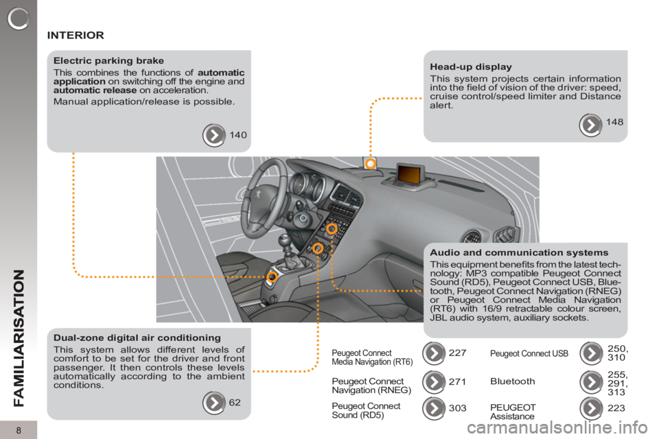 PEUGEOT 5008 2012  Owners Manual FA
M
8
  INTERIOR  
 
 
Electric parking brake 
  This combines the functions of  automatic 
application 
 on switching off the engine and 
  automatic release 
 on acceleration. 
  Manual application