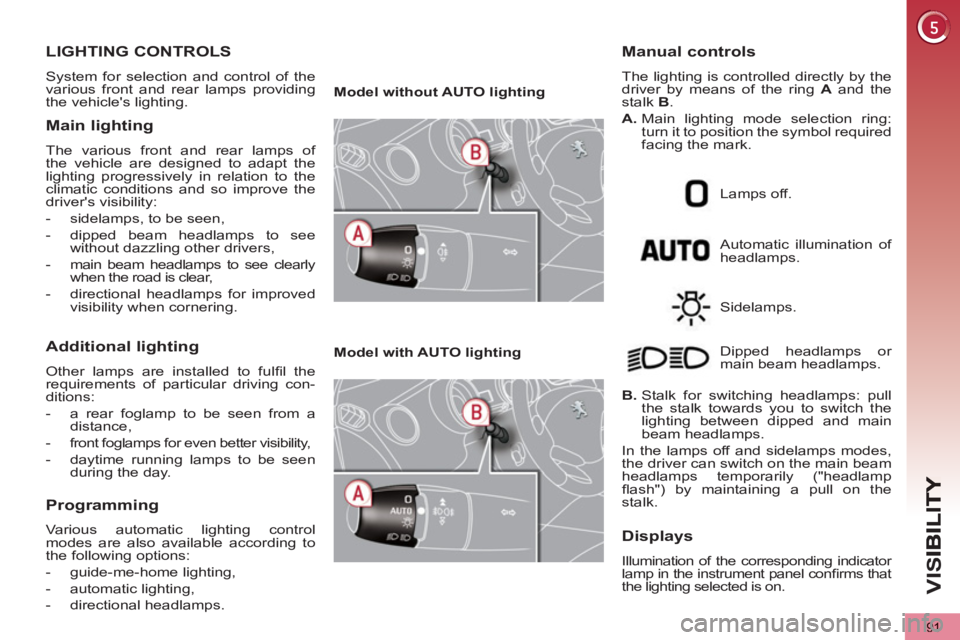 PEUGEOT 5008 2012 Owners Manual VIS
91
LIGHTING CONTROLS
System for selection and control of the
various front and rear lamps providing
the vehicles lighting.
Main lighting
The various front and rear lamps of
the vehicle PEUGEOT 5008 2012 Owners Manual VIS
91
LIGHTING CONTROLS
System for selection and control of the
various front and rear lamps providing
the vehicles lighting.
Main lighting
The various front and rear lamps of
the vehicle