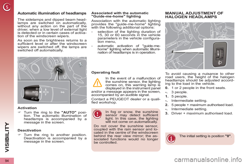 PEUGEOT 5008 2012  Owners Manual VIS
94
   
In fog or snow, the sunshine 
sensor may detect sufﬁ cient 
light. In this case, the lighting 
will not come on automatically. 
  Do not cover the sunshine sensor, 
coupled with the rain 
