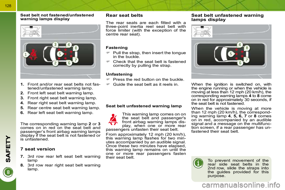PEUGEOT 5008 2010  Owners Manual 128
   
1.    Front and/or rear seat belts not fas-
tened/unfastened warning lamp. 
  
2.    Front left seat belt warning lamp. 
  
3.    Front right seat belt warning lamp. 
  
4.    Rear right seat 