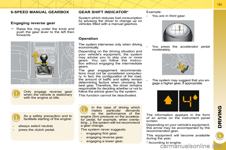 PEUGEOT 5008 2010 Owners Manual 151
6-SPEED MANUAL GEARBOX
As a safety precaution and to
facilitate starting of the engine:
Only engage reverse gear
when the vehicle is stationary
with the engine at idle.
Enga PEUGEOT 5008 2010 Owners Manual 151
6-SPEED MANUAL GEARBOX
As a safety precaution and to
facilitate starting of the engine:
Only engage reverse gear
when the vehicle is stationary
with the engine at idle.
Enga