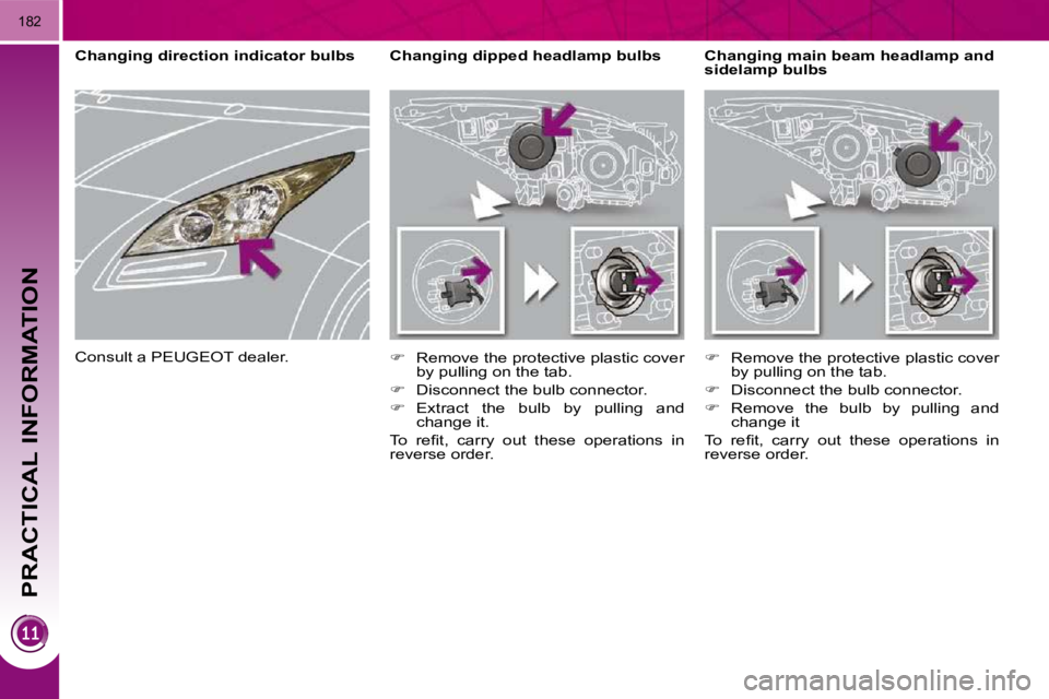 PEUGEOT 5008 2010  Owners Manual PRACTICAL INFORMATION
182
                 Changing main beam headlamp and  
sidelamp bulbs 
        Changing dipped headlamp bulbs  
   
�    Remove the protective plastic cover 
by pulling on the