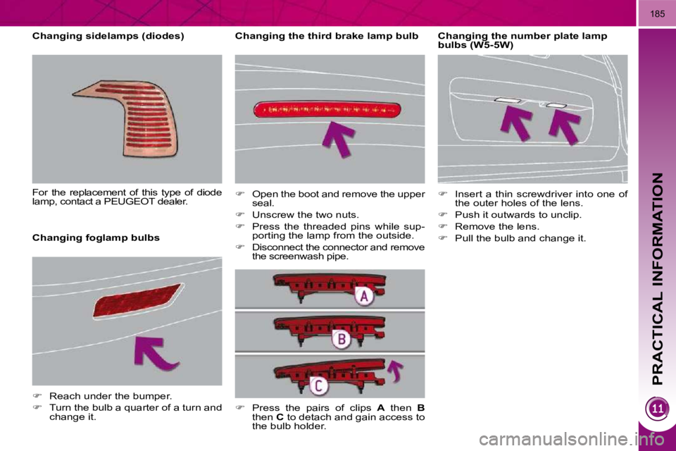 PEUGEOT 5008 2010  Owners Manual PRACTICAL INFORMATION
185
  Changing the third brake lamp bulb    Changing the number plate lamp 
bulbs (W5-5W)  
   
�    Insert a thin screwdriver  into one  of 
the outer holes of the lens. 
  

