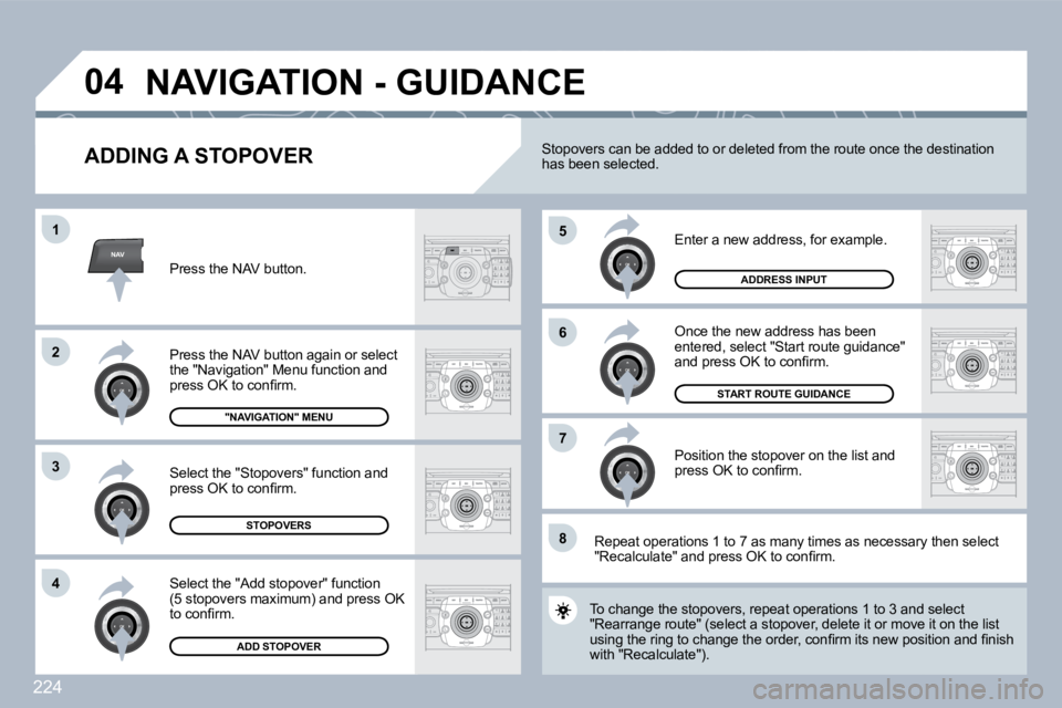 PEUGEOT 5008 2010  Owners Manual 224
NAV
�5
�6
�7
�1
�2
�3
�4
�8
�0�4
� � �A�D�D�I�N�G� �A� �S�T�O�P�O�V�E�R� 
 Enter a new address, for example. 
 Once the new address has been entered, select "Start route guidance" �a�n�d� �p�r�e�s