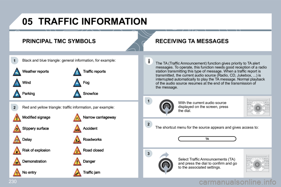PEUGEOT 5008 2010  Owners Manual 230
�0�5
�2
�1
�3
�2
�1
 TRAFFIC INFORMATION 
PRINCIPAL TMC SYMBOLS 
� � �R�e�d� �a�n�d� �y�e�l�l�o�w� �t�r�i�a�n�g�l�e�:� �t�r�a�f�ﬁ� �c� �i�n�f�o�r�m�a�t�i�o�n�,� �p�a�r
� �e�x�a�m�p�l�e�:� 
� � �