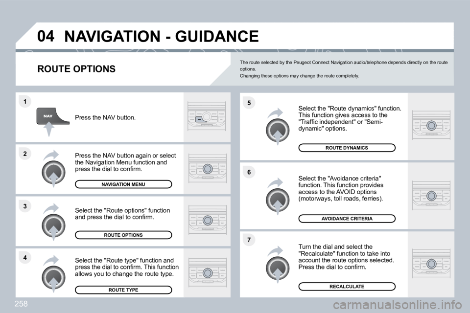 PEUGEOT 5008 2010  Owners Manual 258
�4
�3
�2
�1
�7
�6
�5
�0�4� �N�A�V�I�G�A�T�I�O�N� �-� �G�U�I�D�A�N�C�E� 
� � �R�O�U�T�E� �O�P�T�I�O�N�S� 
� � �S�e�l�e�c�t� �t�h�e� �"�R�o�u�t�e� �d�y�n�a�m�i�c�s�"� �f�u�n�c�t�i�o�n�.�  Th