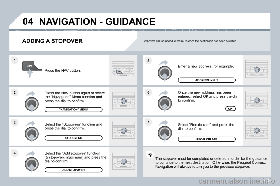 PEUGEOT 5008 2010  Owners Manual 259
�7
�6
�5
�4
�3
�2
�1
�0�4
� � �A�D�D�I�N�G� �A� �S�T�O�P�O�V�E�R� 
� �E�n�t�e�r� �a� �n�e�w� �a�d�d�r�e�s�s�,� �f�o�r� �e�x�a�m�p�l�e�.� 
 Once the new address has been �e�n�t�e�r�e�d�,� �s�e�l�e�