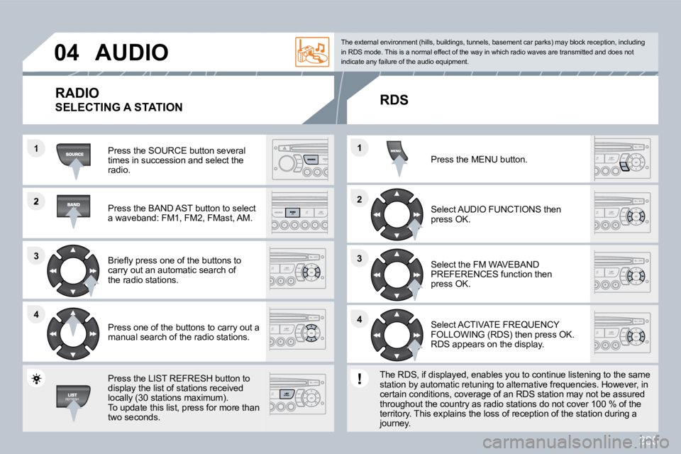 PEUGEOT 5008 2010  Owners Manual 285
�2
�3�3
�4�4
�1
�2�2
�4�4
�3�3
�1�1
�0�4� �A�U�D�I�O� 
� �P�r�e�s�s� �t�h�e� �S�O�U�R�C�E� �b�u�t�t�o�n� �s�e�v�e�r�a�l� �t�i�m�e�s� �i�n� �s�u�c�c�e�s�s�i�o�n� �a�n�d� �s�e�l�e�c�t� �t�h�e� radio