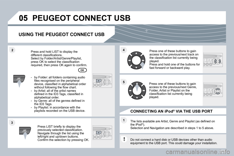 PEUGEOT 5008 2010  Owners Manual 289
�3�3
�4�4
�1�1
�5�5
�2�2
� �P�E�U�G�E�O�T� �C�O�N�N�E�C�T� �U�S�B� 
� � �U�S�I�N�G� �T�H�E� �P�E�U�G�E�O�T� �C�O�N�N�E�C�T� �U�S�B� 
� � �P�r�e�s�s� �L�I�S�T� �b�r�i�e�ﬂ� �y� �t�o� �d�i�s�p�l�a�