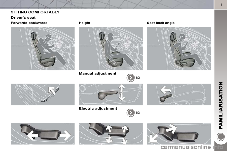 PEUGEOT 5008 2010  Owners Manual 11
 SITTING COMFORTABLY 
  Drivers seat 
  Forwards-backwards     Height   
  Manual adjustment 
 62  
  Electric adjustment 
 63   Seat back angle                