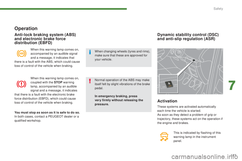 PEUGEOT 5008 2015  Owners Manual 137
Operation
When this warning lamp comes on, 
accompanied by an audible signal 
and a message, it indicates that 
there is a fault with the ABS, which could cause 
loss of control of the vehicle whe