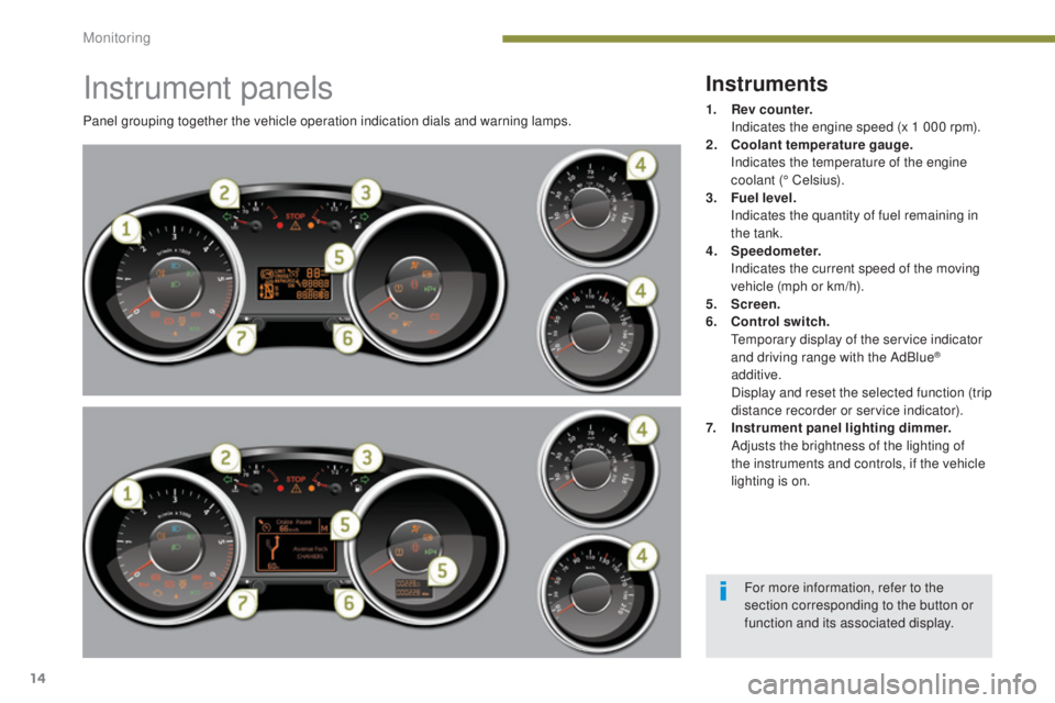 PEUGEOT 5008 2015 Owners Manual 14
Instrument panels
Panel grouping together the vehicle operation indication dials and warning lamps.
Instruments
1. Rev counter. I
ndicates the engine speed (x 1 000 rpm).
2.
C
oolant temperature PEUGEOT 5008 2015 Owners Manual 14
Instrument panels
Panel grouping together the vehicle operation indication dials and warning lamps.
Instruments
1. Rev counter. I
ndicates the engine speed (x 1 000 rpm).
2.
C
oolant temperature