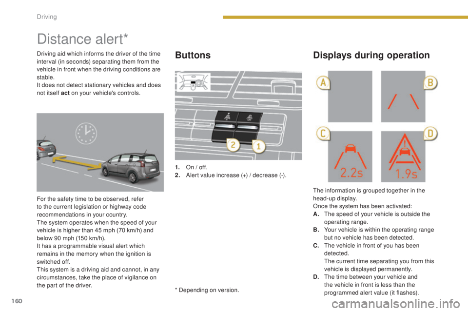 PEUGEOT 5008 2015 Owners Manual 160
Distance alert*
For the safety time to be observed, refer
to the current legislation or highway code
recommendations in your country.
The system operates when the speed of your
vehicle is highe PEUGEOT 5008 2015 Owners Manual 160
Distance alert*
For the safety time to be observed, refer
to the current legislation or highway code
recommendations in your country.
The system operates when the speed of your
vehicle is highe