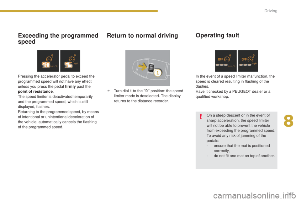 PEUGEOT 5008 2015 Owners Manual 165
Exceeding the programmed
speedReturn to normal driving
Operating fault
On a steep descent or in the event of
sharp acceleration, the speed limiter
will not be able to prevent the vehicle
from PEUGEOT 5008 2015 Owners Manual 165
Exceeding the programmed
speedReturn to normal driving
Operating fault
On a steep descent or in the event of
sharp acceleration, the speed limiter
will not be able to prevent the vehicle
from