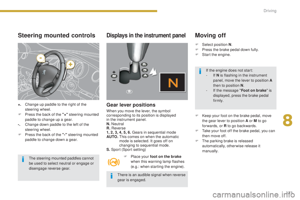 PEUGEOT 5008 2015 Owners Manual 171
Steering mounted controls
+. Change up paddle to the right of the steering wheel.
F
P
ress the back of the "+" steering mounted
paddle to change up a gear.
-.
C
hange down paddle to PEUGEOT 5008 2015 Owners Manual 171
Steering mounted controls
+. Change up paddle to the right of the steering wheel.
F
P
ress the back of the "+" steering mounted
paddle to change up a gear.
-.
C
hange down paddle to