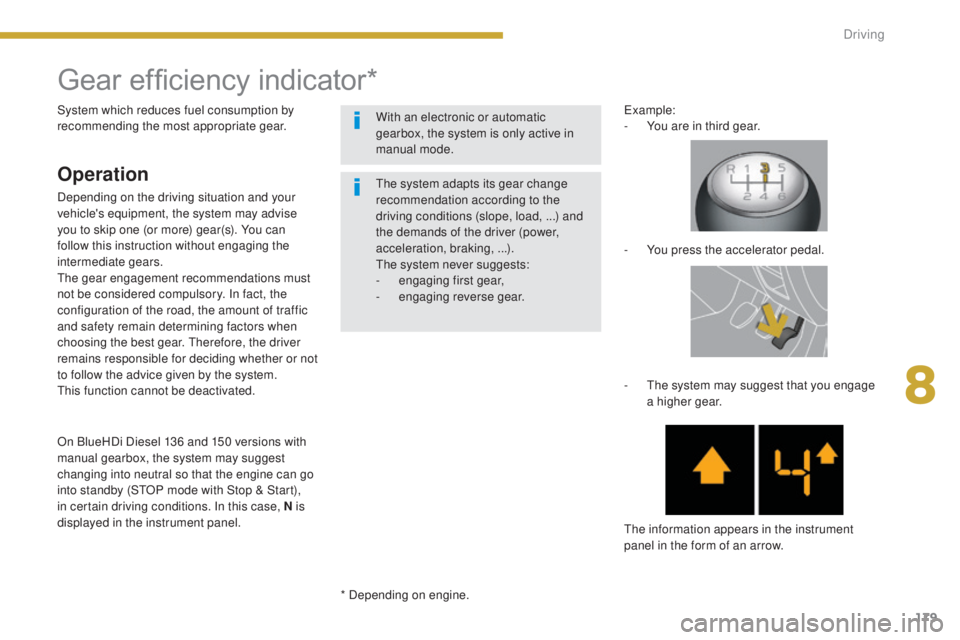 PEUGEOT 5008 2015 Owners Manual 179
Gear efficiency indicator*
Operation
Depending on the driving situation and your
vehicle's equipment, the system may advise
you to skip one (or more) gear(s). You can
follow this instructio PEUGEOT 5008 2015 Owners Manual 179
Gear efficiency indicator*
Operation
Depending on the driving situation and your
vehicle's equipment, the system may advise
you to skip one (or more) gear(s). You can
follow this instructio