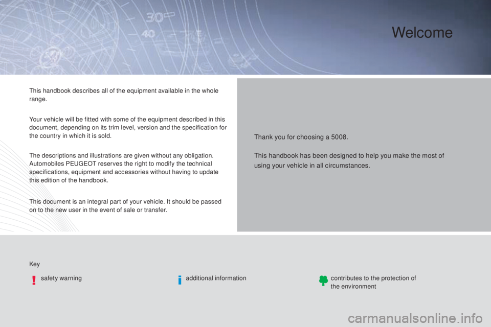 PEUGEOT 5008 2015 Owners Manual Welcome
Keysafety warning additional informationcontributes to the protection of
the
environment
Thank you for choosing a 5008.
This handbook describes all of the equipment available in the whole PEUGEOT 5008 2015 Owners Manual Welcome
Keysafety warning additional informationcontributes to the protection of
the
environment
Thank you for choosing a 5008.
This handbook describes all of the equipment available in the whole