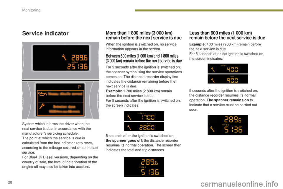 PEUGEOT 5008 2015 Owners Manual 28
Service indicator
Between 600 miles (1 000 km) and 1 800 miles
(3 000 km) remain before the next service is due
For 5 seconds after the ignition is switched on,
the spanner symbolising the servi PEUGEOT 5008 2015 Owners Manual 28
Service indicator
Between 600 miles (1 000 km) and 1 800 miles
(3 000 km) remain before the next service is due
For 5 seconds after the ignition is switched on,
the spanner symbolising the servi