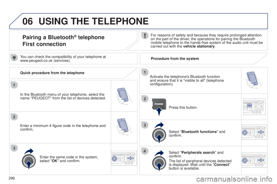 PEUGEOT 5008 2015  Owners Manual 06
296
USING THE TELEPHONE
Pairing a Bluetooth® telephone
First connectionFor reasons of safety and because they require prolonged attention 
on the part of the driver, the operations for pairing the