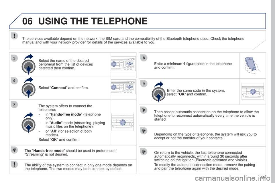 PEUGEOT 5008 2015  Owners Manual 06
297
USING THE TELEPHONE
Select "Connect" and confirm.
The system offers to connect the 
telephone:
- 
in "
 Hands-free mode" (telephone 
only),
-
 
in "
 Audio" mode (stream