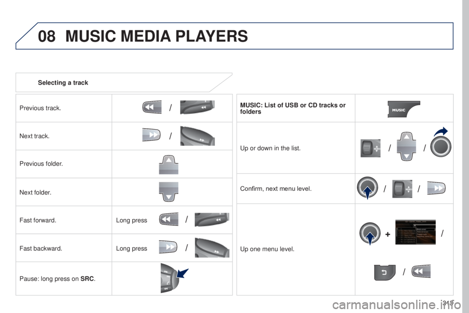 PEUGEOT 5008 2015  Owners Manual 08
/
// /
/ /
/
+
/
/
/
313
Selecting a track
Previous track.
Next track.
Previous folder.
Next folder.
Fast forward.
Fast backward.
Pause: long press on  SRC. MUSIC: List of USB or CD tracks or 
fold