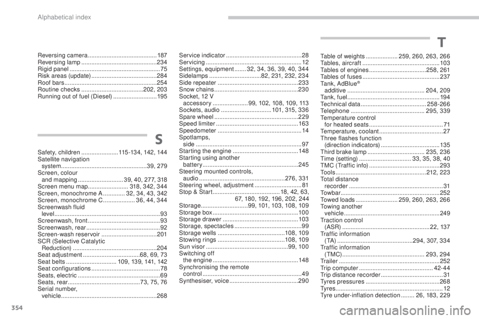 PEUGEOT 5008 2015  Owners Manual 354
Reversing camera ......................................... 187
Reversing lamp ............................................. 23
4
Rigid panel
 

....................................................