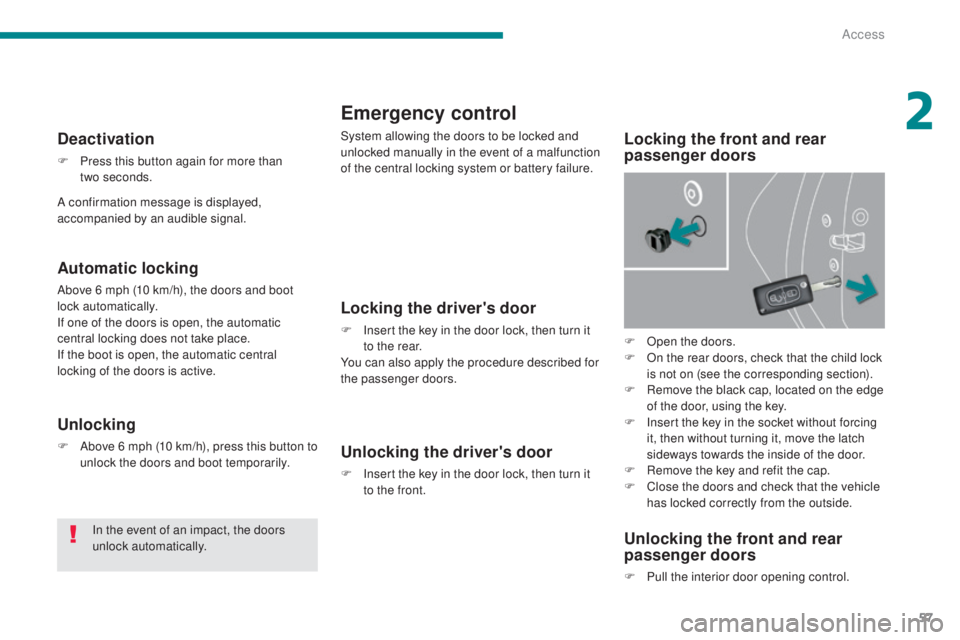 PEUGEOT 5008 2015  Owners Manual 57
Emergency control
System allowing the doors to be locked and 
unlocked manually in the event of a malfunction 
of the central locking system or battery failure.Locking the front and rear 
passenger