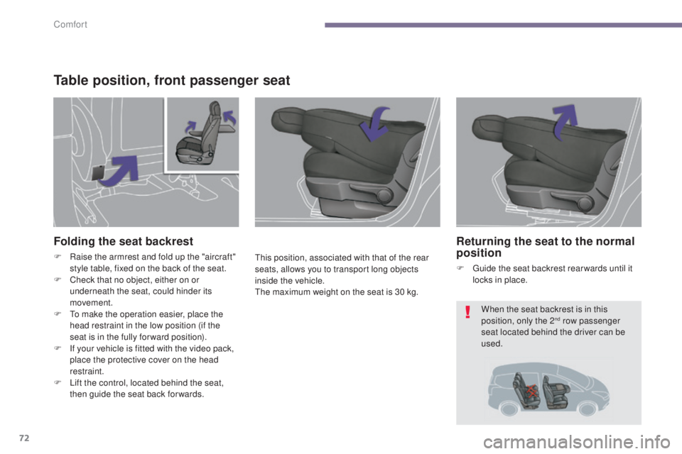 PEUGEOT 5008 2015  Owners Manual 72
Table position, front passenger seat
This position, associated with that of the rear 
seats, allows you to transport long objects 
inside the vehicle.
The maximum weight on the seat is 30 kg.
Foldi