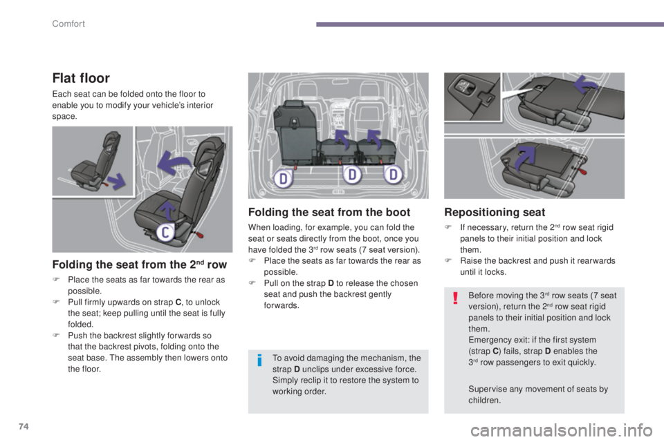 PEUGEOT 5008 2015  Owners Manual 74
Flat floor
Each seat can be folded onto the floor to 
enable you to modify your vehicle’s interior 
space.
Folding the seat from the 2nd row
F Place the seats as far towards the rear as possible.