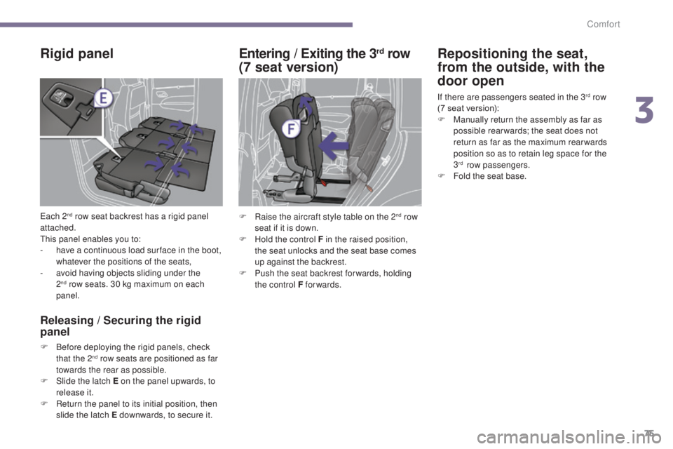 PEUGEOT 5008 2015  Owners Manual 75
Rigid panel
Each 2nd row seat backrest has a rigid panel 
attached.
This panel enables you to:
-
 
h

ave a continuous load sur face in the boot, 
whatever the positions of the seats,
-
 
a

void h