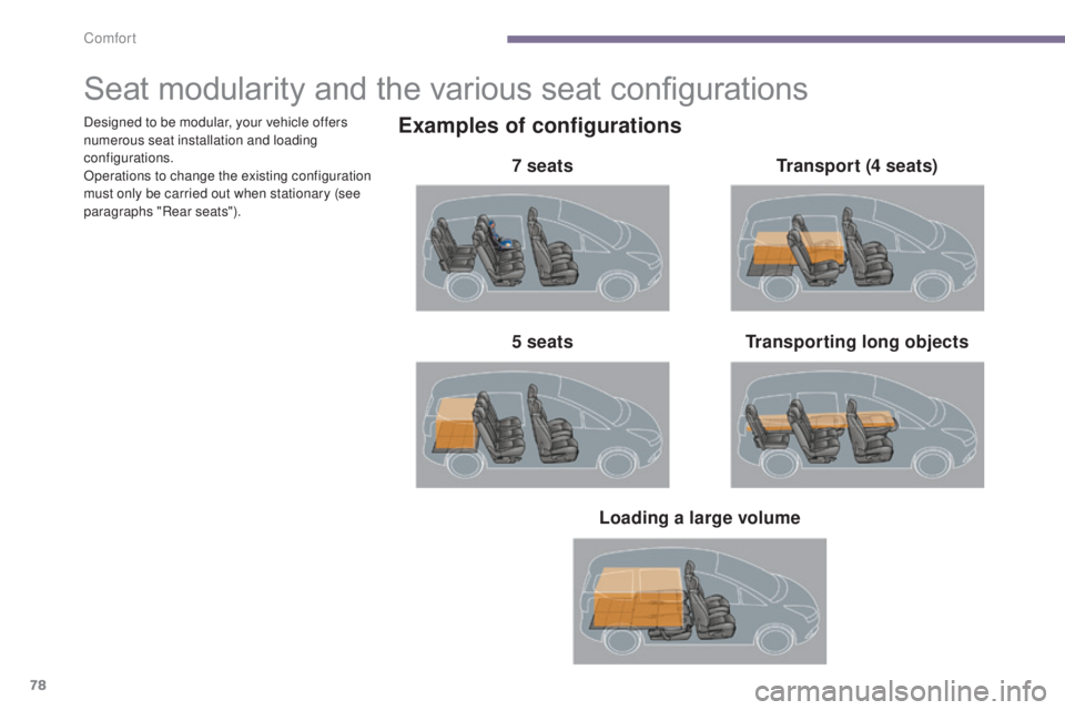 PEUGEOT 5008 2015 Manual PDF 78
Seat modularity and the various seat configurations
Examples of configurations
7 seatsTransporting long objects
5 seats Transport (4 seats)
Loading a large volume
Designed to be modular, your vehic PEUGEOT 5008 2015 Manual PDF 78
Seat modularity and the various seat configurations
Examples of configurations
7 seatsTransporting long objects
5 seats Transport (4 seats)
Loading a large volume
Designed to be modular, your vehic