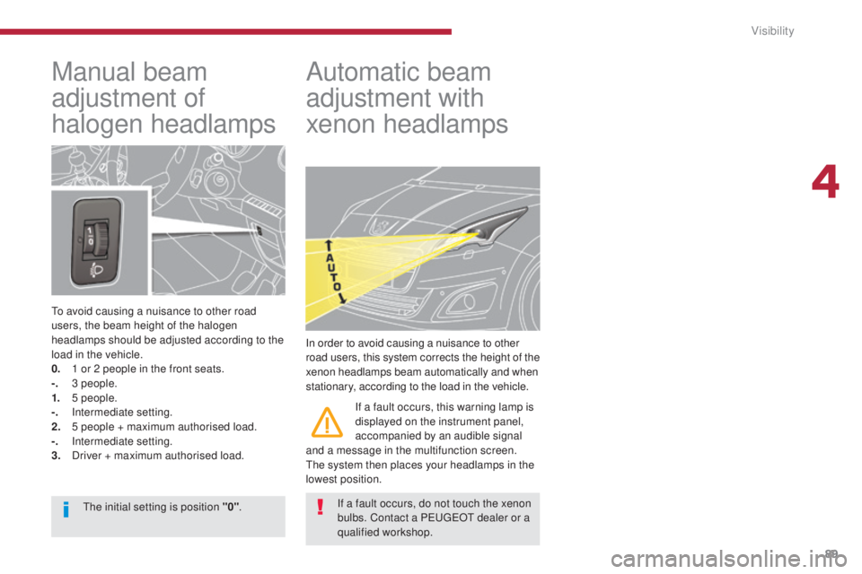 PEUGEOT 5008 2015 Owners Manual 89
Manual beam
adjustment of
halogen headlamps
To avoid causing a nuisance to other road
users, the beam height of the halogen
headlamps should be adjusted according to the
load in the vehicle.
0 PEUGEOT 5008 2015 Owners Manual 89
Manual beam
adjustment of
halogen headlamps
To avoid causing a nuisance to other road
users, the beam height of the halogen
headlamps should be adjusted according to the
load in the vehicle.
0