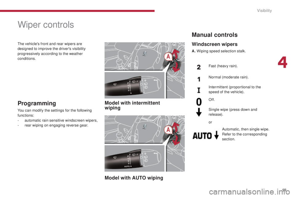 PEUGEOT 5008 2015 Owners Manual 91
Wiper controls
Model with intermittent
wiping
Model with AUTO wipingProgramming
You can modify the settings for the following
functions:
-
a
utomatic rain sensitive windscreen wipers,
-
r
ear PEUGEOT 5008 2015 Owners Manual 91
Wiper controls
Model with intermittent
wiping
Model with AUTO wipingProgramming
You can modify the settings for the following
functions:
-
a
utomatic rain sensitive windscreen wipers,
-
r
ear