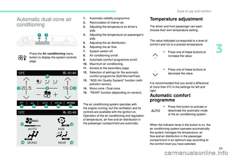 PEUGEOT 5008 2017  Owners Manual 99
Automatic dual-zone air 
conditioning
Press the Air conditioning menu 
button to display the system controls 
page. 1.
Automatic visibility programme.
2. Recirculation of interior air.
3. Adjusting