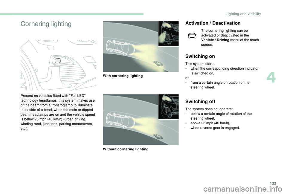 PEUGEOT 5008 2017  Owners Manual 133
Cornering lightingActivation / Deactivation
The cornering lighting can be 
activated or deactivated in the 
Vehicle / Driving menu of the touch 
screen.
Switching on
This system starts:
-  w hen t