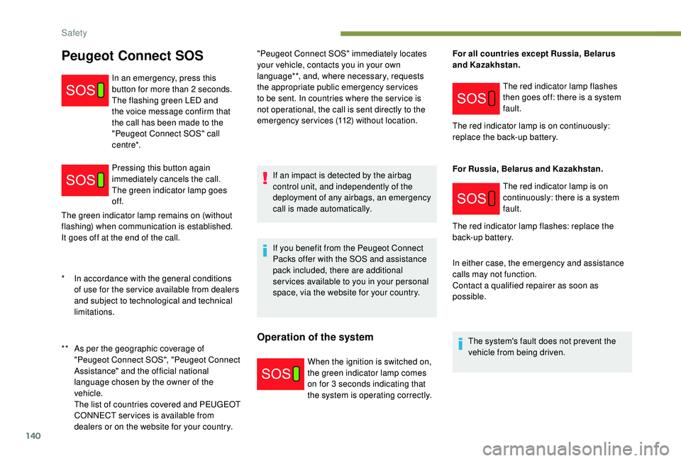 PEUGEOT 5008 2017 Owners Manual 140
The green indicator lamp remains on (without
flashing) when communication is established.
It goes off at the end of the call."Peugeot Connect SOS" immediately locates
your vehicle, conta PEUGEOT 5008 2017 Owners Manual 140
The green indicator lamp remains on (without
flashing) when communication is established.
It goes off at the end of the call."Peugeot Connect SOS" immediately locates
your vehicle, conta