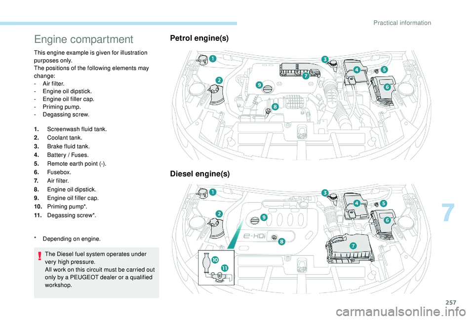 PEUGEOT 5008 2017 Owners Manual 257
Engine compartment
This engine example is given for illustration
purposes only.
The positions of the following elements may
change:
-
A
ir filter.
-
E
ngine oil dipstick.
-
E
ngine oil f PEUGEOT 5008 2017 Owners Manual 257
Engine compartment
This engine example is given for illustration
purposes only.
The positions of the following elements may
change:
-
A
ir filter.
-
E
ngine oil dipstick.
-
E
ngine oil f